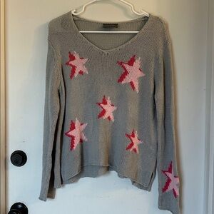 Wooden Ships Pink & Gray Star V Neck Crochet Slouchy Long Sleeve Sweater S/M